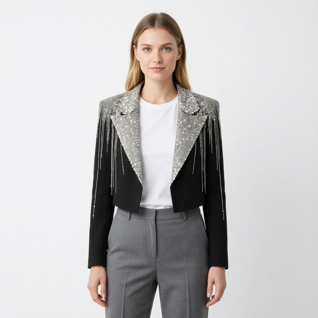 The Celestia Noir – Crystal Embellished Couture Blazer
