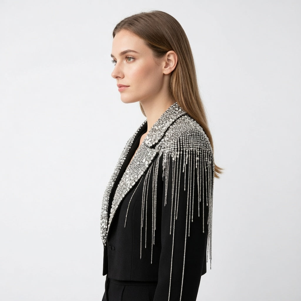 The Celestia Noir – Crystal Embellished Couture Blazer